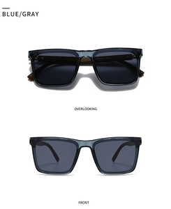 Blue gray translucent square polarized sunglasses showing front and top views
