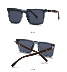 Detail view of square sunglasses with translucent frames and natural walnut wood temples