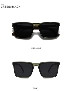 Front and top view of retro square green and black sunglasses with wooden texture temples