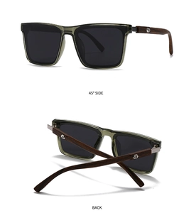 Detailed view of olive green frames and dark wood temples of retro polarized sunglasses