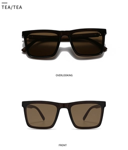 Front and top view of dark brown polarized sunglasses with large square frames and specs