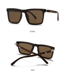 Detail of square sunglasses with wooden temples and hexagonal metal logo on 45-degree side view