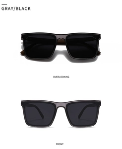 Detail view showing front and top angles of square sunglasses with grey frames