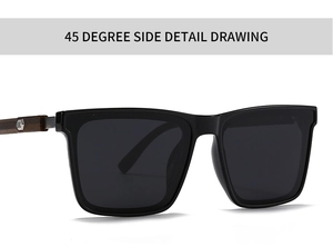 45-degree side view of square sunglasses with black glossy frame and wood grain temples