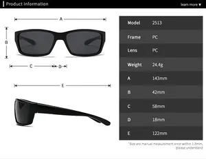 Größentabelle für quadratische Sonnenbrille 2513 mit Abmessungen und Rahmengewicht-Details