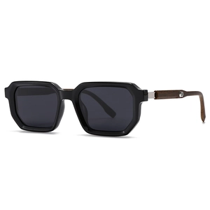 Retro polarized sunglasses with black polygonal thick frames and dark wood grain temples