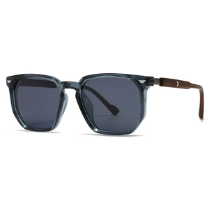 Retro square polarized sunglasses with grey-blue frame and wood grain temples