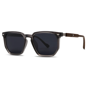 Retro polarized sunglasses with translucent grey frame and wooden textured temples