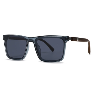 Modern square sunglasses with translucent grey-blue frames and natural wood temples