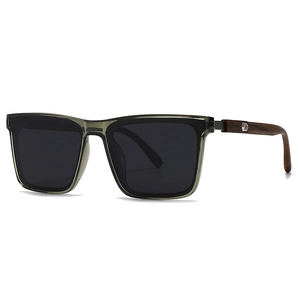 Retro square oversized sunglasses with dark green frames and dark wood temples with metal pins