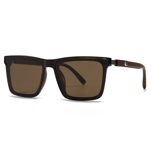 Retro polarized sunglasses with dark brown square frame and wooden texture temples