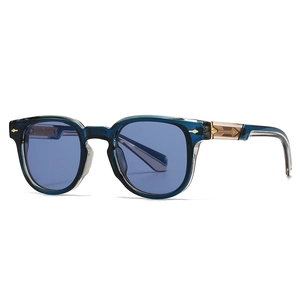 Retro small frame sunglasses with dark blue frame and blue lenses in a 45-degree angle view