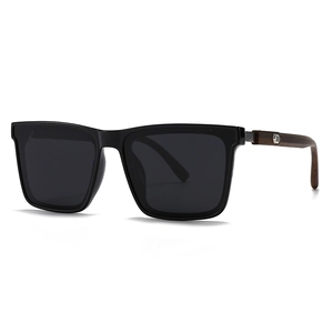 Classic square polarized sunglasses with dark lenses and elegant wood grain temples