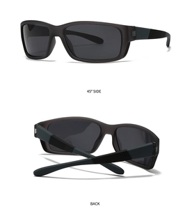 Detailansicht der quadratischen Polarisations-Sonnenbrille mit Seiten- und Rückansicht