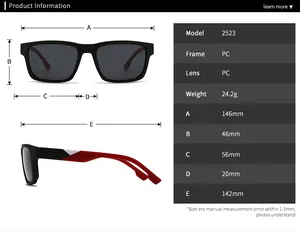 Detailed size specifications for square sunglasses with PC frame and dimensions chart