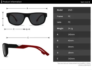Detailed size chart for square polarized sunglasses model 2525 with full specifications