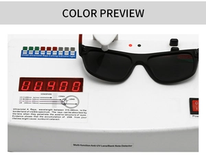 Men's square sunglasses undergoing UV400 protection testing with professional detector