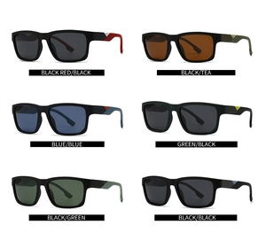 Grid display of square polarized sunglasses showing six different color frame combinations