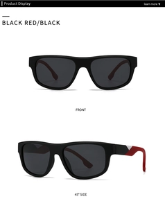 Detail view of square black and red polarized sunglasses with triangle decorative temple