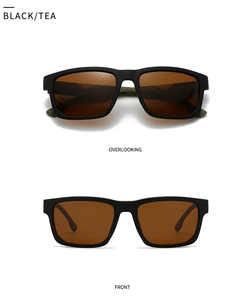 Front and top views of matte black square sunglasses with brown tea-colored lenses