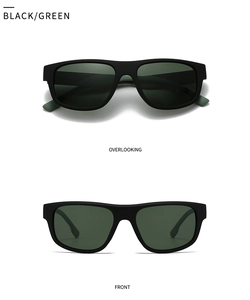 Detailed front and overlooking view of matte black square polarized sunglasses with green lenses