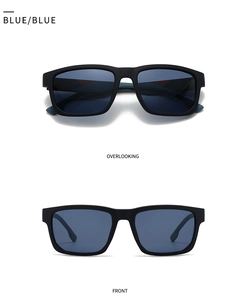 Detailed front and top view of square matte black sunglasses with blue polarized lenses