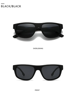 Front and top view of classic matte black square polarized sunglasses for men