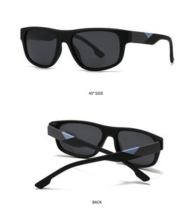 Detailed views of square polarized sunglasses showing the 45-degree side and back frame structure