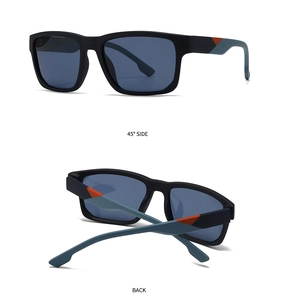Detail view of square sunglasses featuring contrast orange and blue geometric temple design