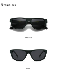 Front and top views of matte dark green square polarized sunglasses for men