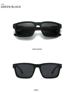 Front and overlook view of matte green square polarized sunglasses with grey lenses