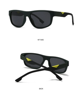 Detail view of square matte black sunglasses featuring vibrant yellow temple accents