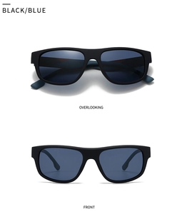 Classic square matte black sunglasses with blue polarized lenses from top and front views