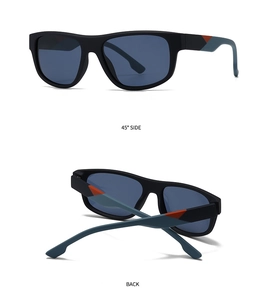 Detail of square polarized sunglasses showing the orange and blue geometric temple design