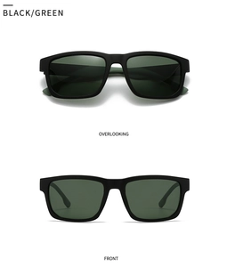 Macro detail of square matte black sunglasses with green lenses showing front and top views