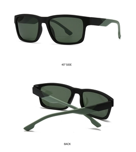 Detail view showing 45-degree side and back profile of matte black square sunglasses
