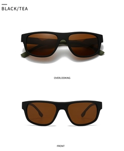 Front and top views of square polarized sunglasses with black frames and tea lenses