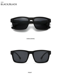 Front and top view of matte black square frame polarized sunglasses with dark lenses