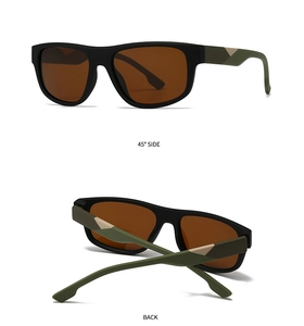 Detail view showing 45-degree side and back of square sunglasses with camo temples