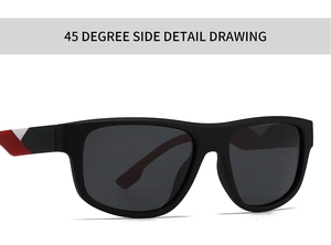 Detail view of square matte black sunglasses with red and white contrast temple tips