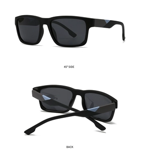 Detail view of square polarized sunglasses showing 45-degree side and back folding frame