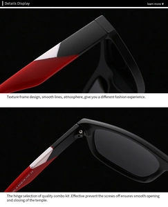 Macro view of square sunglasses featuring tri-color matte temples and metal hinge details