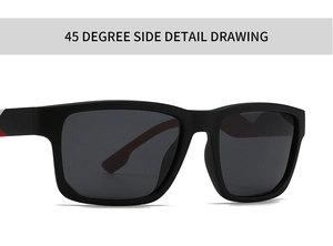 Detailed 45-degree side view of matte black square polarized sunglasses with red accents