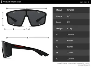 Detailed size specifications for square polarized sunglasses with model SPSA03 dimensions