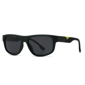 Classic square matte black polarized sunglasses with yellow triangle detail on temples