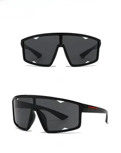 Front and side view of black polarized square sunglasses with red temple stripe detail