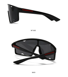 Side view and back detail of sporty black square polarized sunglasses with red trim