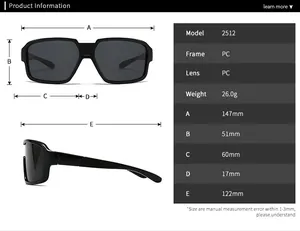 Detailed size chart for square sunglasses model 2512 with frame and lens measurements