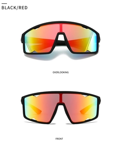 Front and top view of cycling sunglasses with matte black frames and red polarized lenses