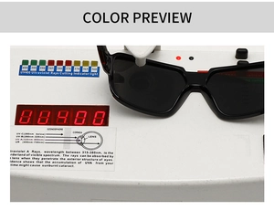 Detail showing UV400 protection test for square polarized sunglasses with grey lenses